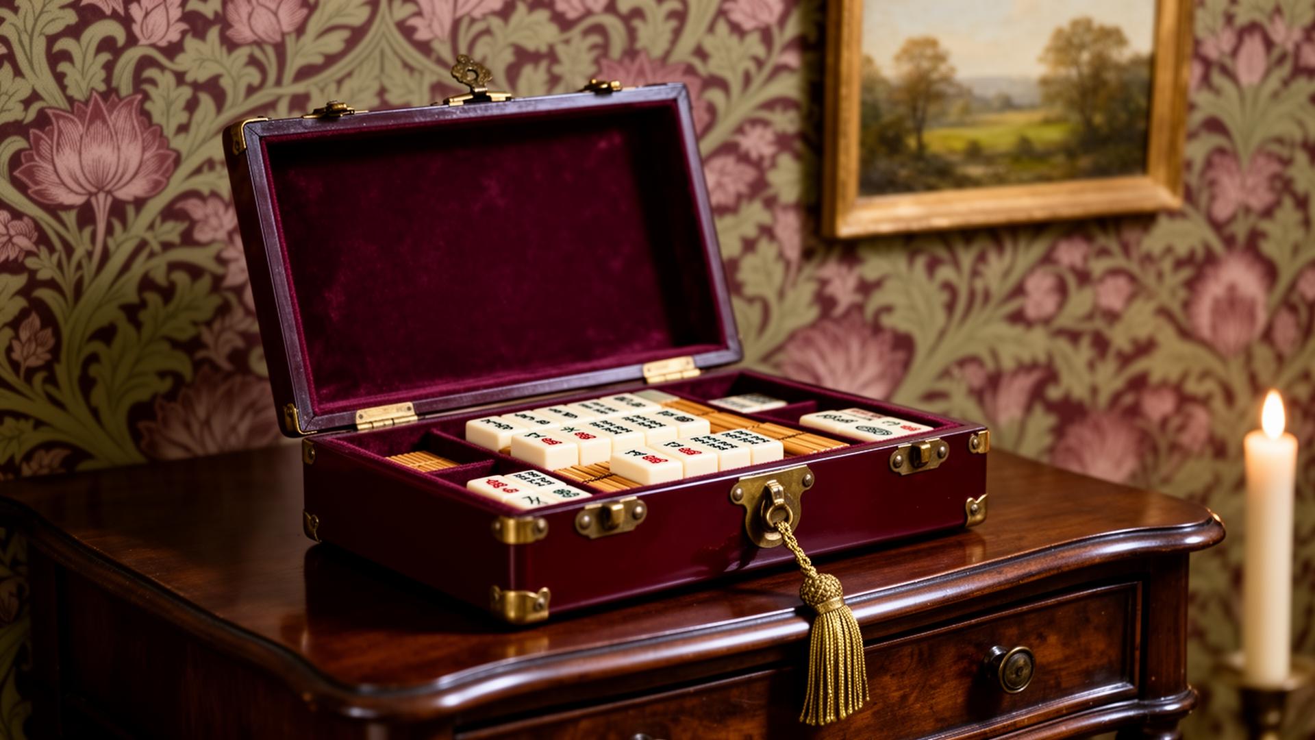 An open lacquered mahjong case on an antique side table