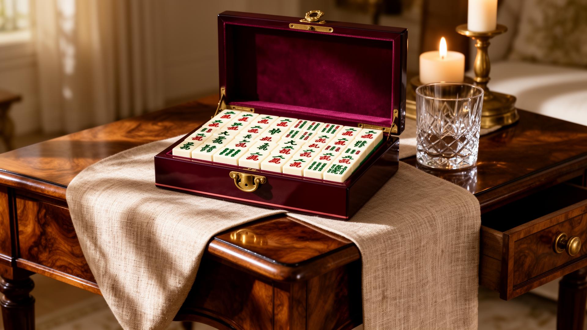 An open lacquered mahjong case on an antique side table