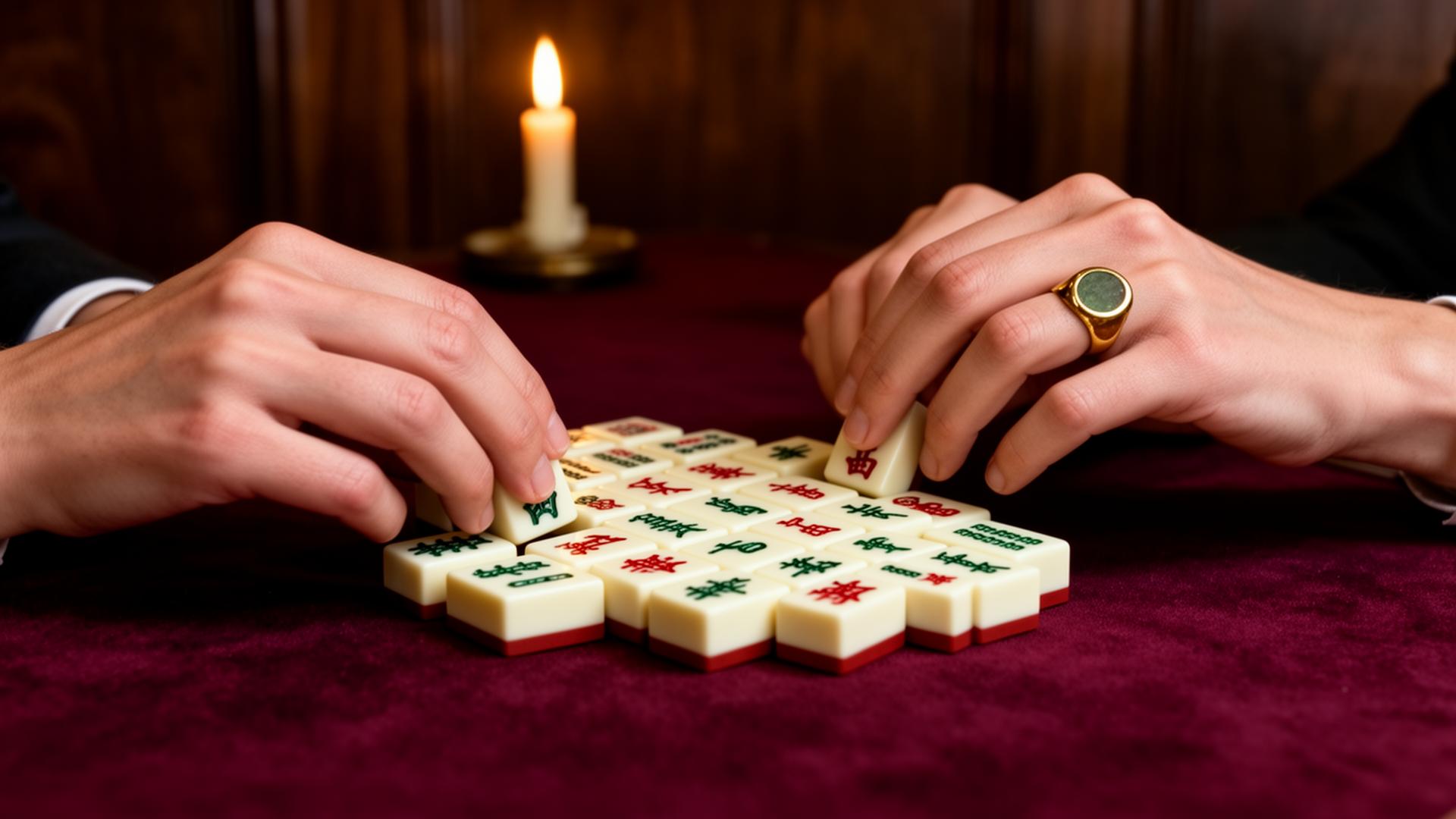 Hands arranging mahjong tiles by candlelight